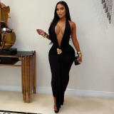 Deep V Neck Halterneck Backless Maxi Dress BY-7833