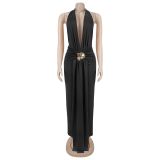 Deep V Neck Halterneck Backless Maxi Dress BY-7833