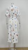 Plus Size Printed Tie Up Puff Sleeve Shirt Dress GHMF-25113