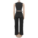 Sleeveless Solid Vest Tassel Pants Two Piece Set BY-7828