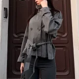 Plus Size Solid Color Tie Up Short Coats GHMF-29898