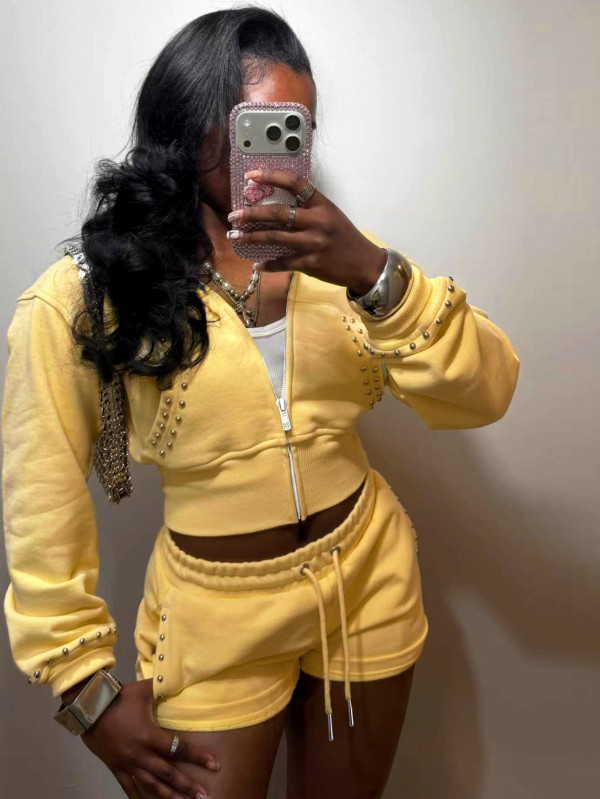 Rivet Sport Long Sleeve Sweatshirt Two Piece Short Set SH-391631