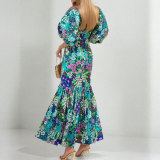Plus Size Printed Short Sleeve Ruched Long Dress GHMF-29013