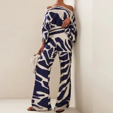Plus Size Bat Sleeve Printed Top Wide Leg Pants 2 Piece Set GHMF-24130