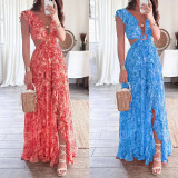 Plus Size Sexy Printed Hollow Out Maxi Dress GHMF-24317