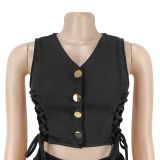 Sleeveless Solid Vest Tassel Pants Two Piece Set BY-7828