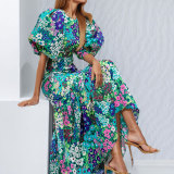 Plus Size Printed Short Sleeve Ruched Long Dress GHMF-29013