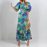 Plus Size Printed Short Sleeve Ruched Long Dress GHMF-29013