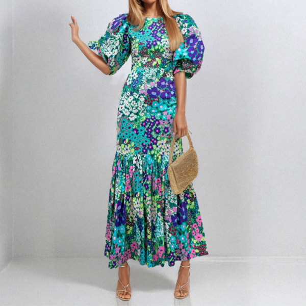 Plus Size Printed Short Sleeve Ruched Long Dress GHMF-29013
