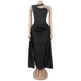 Slash Shoulder Hololw Out Long Dress BY-7870