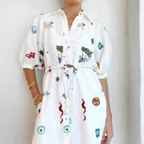 Plus Size Printed Tie Up Puff Sleeve Shirt Dress GHMF-25113