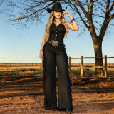 Sleeveless Solid Vest Tassel Pants Two Piece Set BY-7828