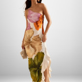 Plus Size Single Shoulder Sling Printed Maxi Dress GHMF-29511