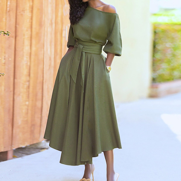 Plus Size Solid Color Slash Shoulder Maxi Dress GHMF-21705