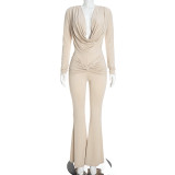 Solid Color Long Sleeve Ruched Jumpsuit MXBF-D26JP380