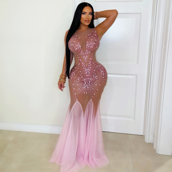 See Through Mesh Hot Diamond Maxi Dress BY-7825