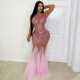 See Through Mesh Hot Diamond Maxi Dress BY-7825