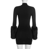 Solid Color Long Sleeve Patchwork Mini Dress MXBF-J26DS441