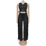 Sleeveless Solid Vest Tassel Pants Two Piece Set BY-7828