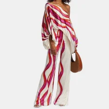 Plus Size Bat Sleeve Printed Top Wide Leg Pants 2 Piece Set GHMF-24130