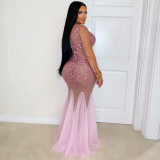 See Through Mesh Hot Diamond Maxi Dress BY-7825