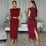 Polka Dot Printed Sleeveless Two Piece Skirts Set BY-7832