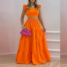 Plus Size Solid Color Sling Top Long Skirt Suit GHMF-8114