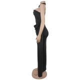 Slash Shoulder Hololw Out Long Dress BY-7870