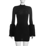 Solid Color Long Sleeve Patchwork Mini Dress MXBF-J26DS441