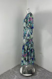 Plus Size Printed Short Sleeve Ruched Long Dress GHMF-29013