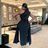 Slash Shoulder Hololw Out Long Dress BY-7870