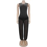 Mesh See Through Hot Drill Jumpsuit BY-7869