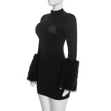 Solid Color Long Sleeve Patchwork Mini Dress MXBF-J26DS441