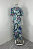 Plus Size Printed Short Sleeve Ruched Long Dress GHMF-29013