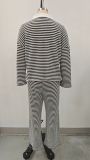 Striped Polo-Neck Casual Long Sleeve Top And Straight Pants Two Piece Set GMYS-WL260709
