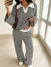 Striped Polo-Neck Casual Long Sleeve Top And Straight Pants Two Piece Set GMYS-WL260709