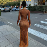 Long Sleeve Printed Slim Maxi Dress XEF-K6D17256A