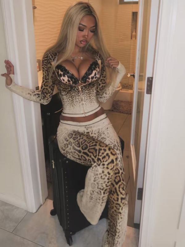 VIP1 Letter Leopard Printed Hooded Two Piece Pants Set GFCF-1601