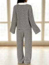 Striped Polo-Neck Casual Long Sleeve Top And Straight Pants Two Piece Set GMYS-WL260709