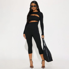 Solid Color Hollow Out Two Piece Pants Set MXBF-J26ST453