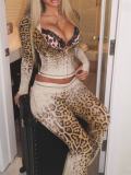 VIP1 Letter Leopard Printed Hooded Two Piece Pants Set GFCF-1601