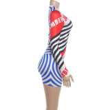 Stripe Letter Printed T Shirt Two Piece Skirts Set GZJQ-K6S10869A