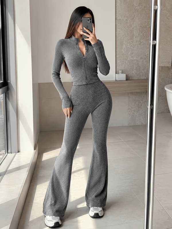 Slim Cropped Cardigan High-Waisted Flared Pants Two Piece Set GMYS-WL260723