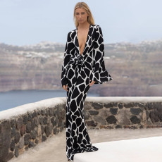 Deep V Neck Long Sleeve Printed Maxi Dress GZJQ-K6D20318A
