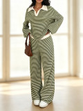 Striped Polo-Neck Casual Long Sleeve Top And Straight Pants Two Piece Set GMYS-WL260709