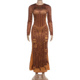 Long Sleeve Printed Slim Maxi Dress XEF-K6D17256A