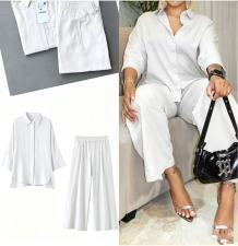 Solid Color Lapel Shirt Loose Two Piece Pants Set GADE-9586