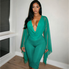 Mesh Deep V Neck Long Sleeve Two Piece Pants Set GDSF-C26ST417