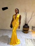 Deep V Neck Ruched Evening Dress GADE-11679