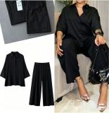Solid Color Lapel Shirt Loose Two Piece Pants Set GADE-9586